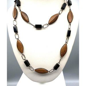 Vintage Basic Beaded Necklace, Wood Look Lucite Beads with Rectangle Black Space